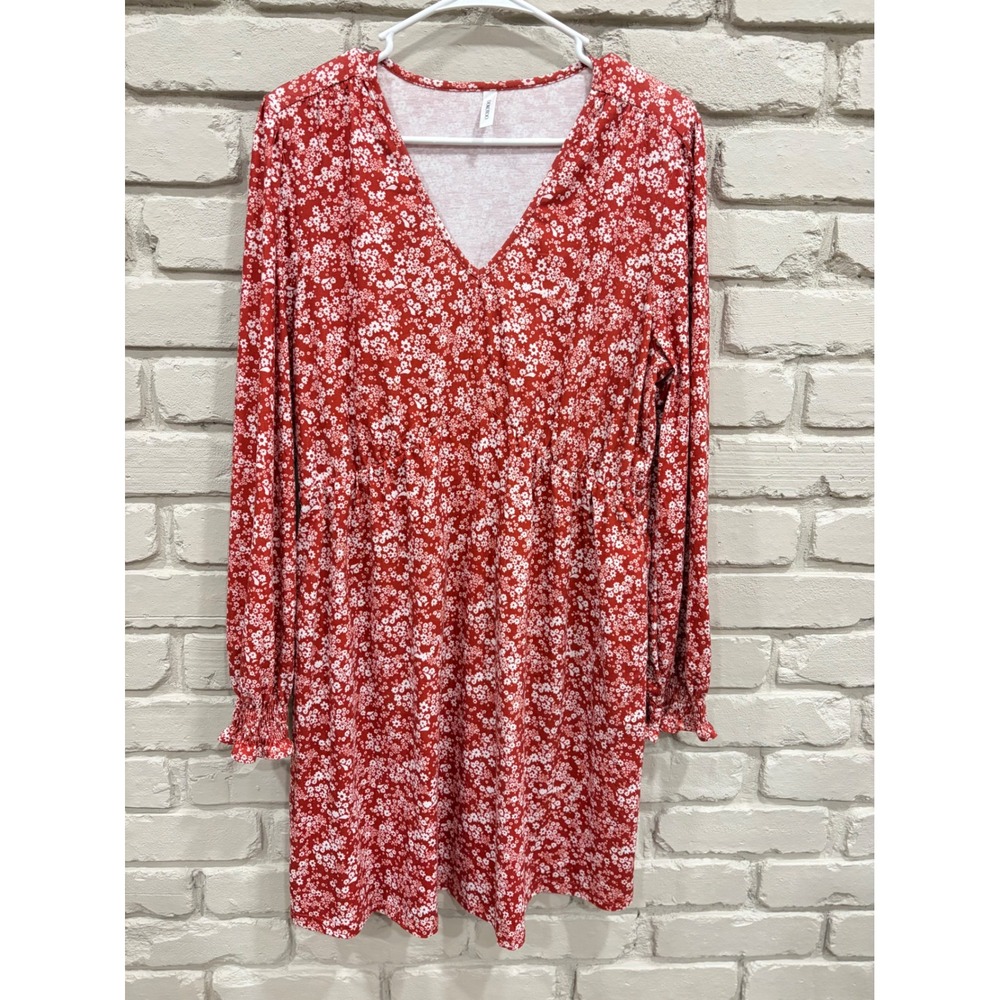 Dokotoo Red Ditsy Floral V-Neck Long Sleeve Mini Dress Smocked Cuffs Large